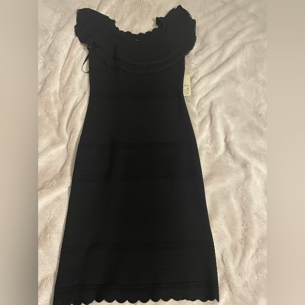 ELIZA J BLACK OFF THE SHOULDER LAYERED DRESS